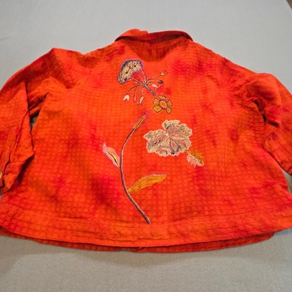 Draper's & Damon's Jacket Women 1X Orange Floral Embroidered Button Front Cotton - Picture 2 of 9